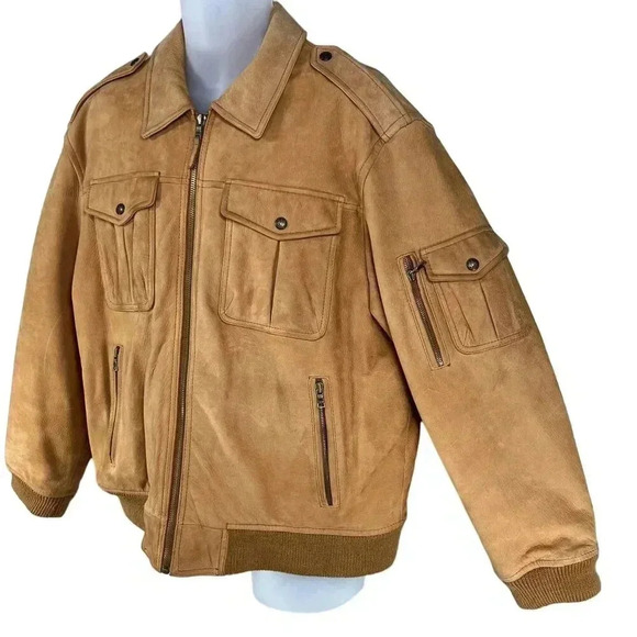 Roundtree & Yorke Mens L Genuine Leather Bomber Jacket Tan Diamond Quilted Liner - Picture 8 of 16